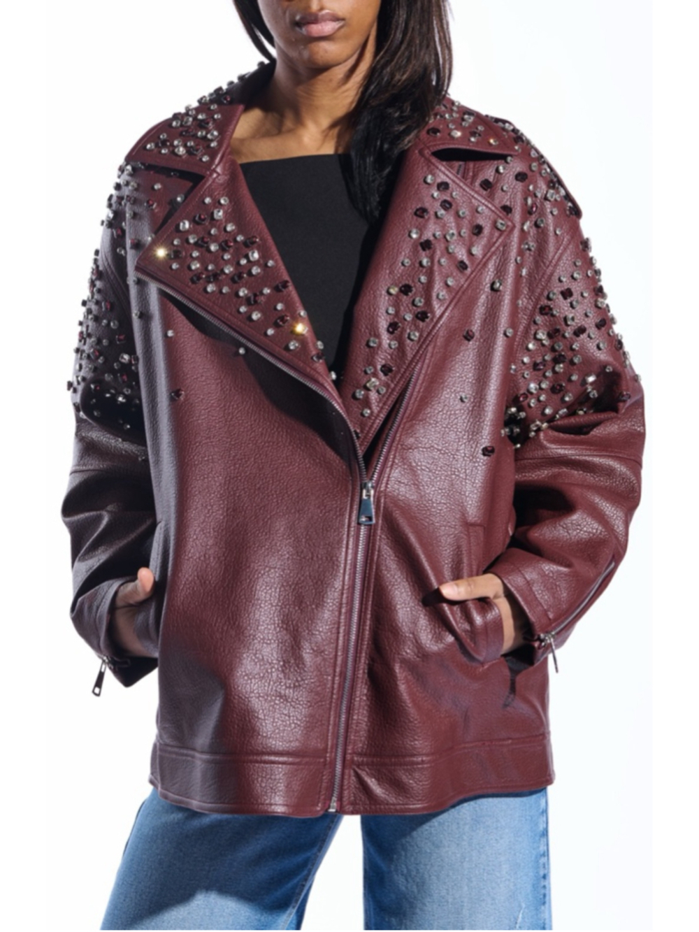 Azalea Wang Catrine Burgundy Rhinestone Oversized Jacket M Burgundy Embellished